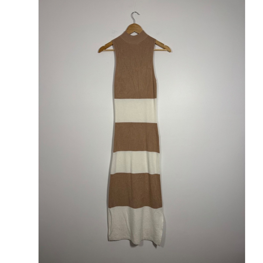 Minimalist Freshman 1996 Womens M Maxi Sweater Dress Tan Cream Striped Mock Neck